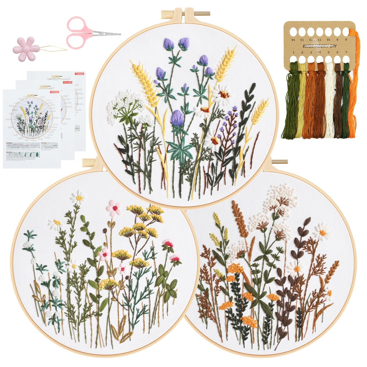Embroidery Kit for Beginners Set of 3, Flower Pattern Embroidery Kits for Starter or Adults Hand DIY Practice Kit, Step by Step Instructions and Video Tutorial